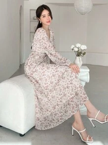 DAZY 女士灯笼袖迷你碎花连衣裙，荷叶边，秋季长袖连衣裙，度假装扮 - 白色 - 查看 5