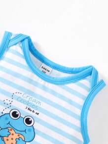 SHEIN Playful Pals Bộ đồ hai mảnh cổ tròn sọc bé trai & quần short cho mùa xuân hè - Màu xanh lam - Xem 4