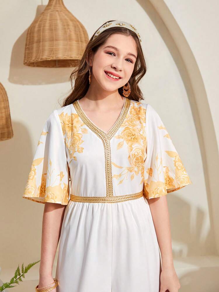 Teen Girl Woven Floral Printed Jumpsuit With Gold Belt For Casual Outings