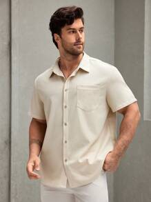 Manfinity Homme Áo sơ mi nam tay ngắn cổ tròn đơn giản cỡ lớn dành cho bố - Màu be - Xem 3