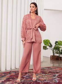 Modelyn Của phụ nữ Màu thuần Tay áo lồng đèn Áo Với thắt lưng Và Quần ống rộng Bộ - Hồng - Xem 6