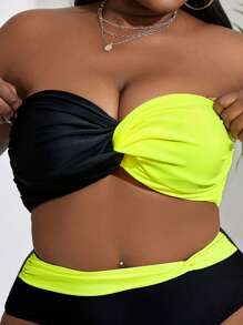 Slaydiva Plus Size Summer Beach Strapless Color Block Bikini Top - Multicolor - View 5