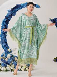 Al Najma Vestido con mangas tipo murciélago con flecos y estampado paisley bohemio, kaftán modesto - Verde - Ver 5
