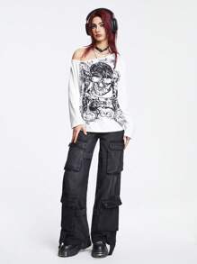 ROMWE Goth Skull Print Asymmetric Neck Tee - White - View 3