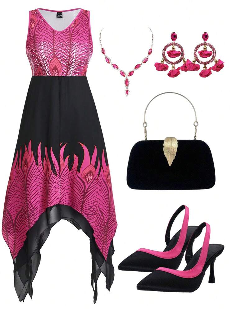Women'S V Neck Sleeveless Asymmetric Hem Dress