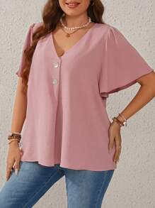 EMERY ROSE Plus Size Women's Butterfly Sleeve Button Up Shirt - Pink - View 7
