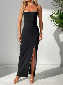 SHEIN Tall Women's Sequin Deep V-Back Slit Dress - Black - View 6