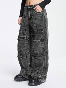 ROMWE Grunge Punk Flap Pocket Cargo Jeans - Dark Grey - View 4