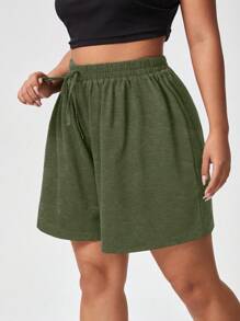 Flirla Plus Size Loose-Fit Solid Color Knit Shorts - Olive Green - View 1