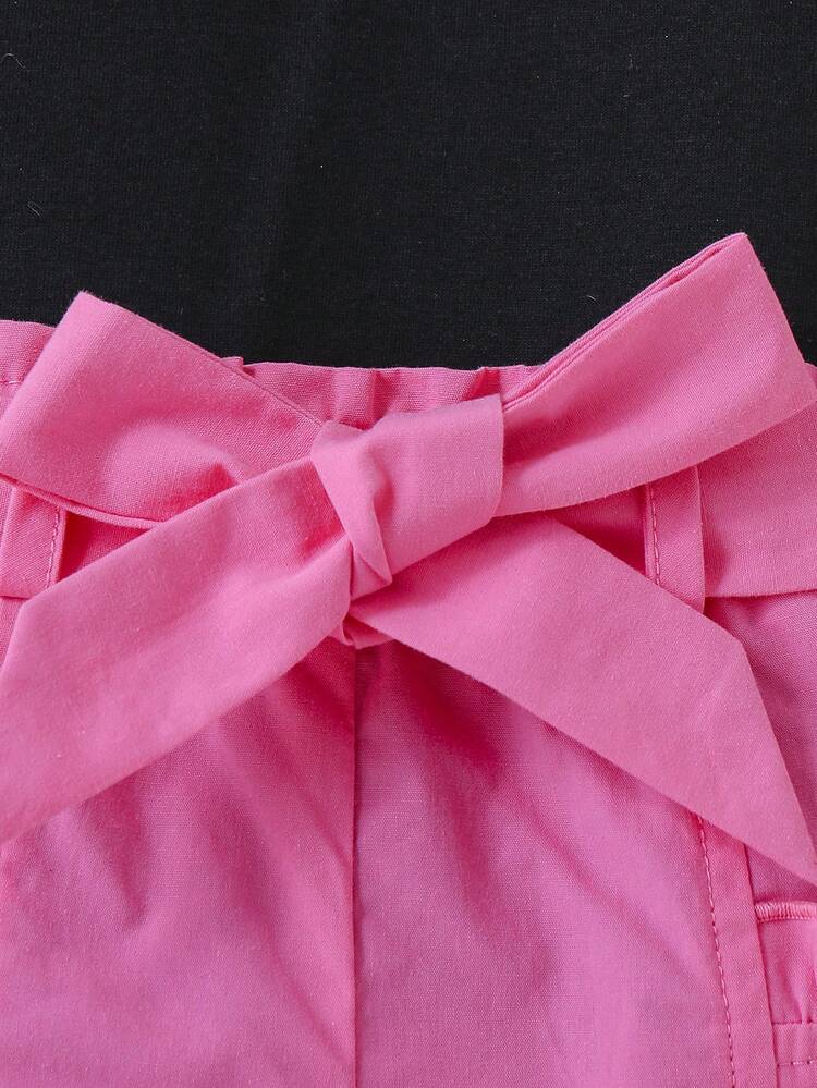 Baby Girl Cute Bubble Short Sleeve Top With Flower Print, Solid Belt Shorts Set For Summer Outfit