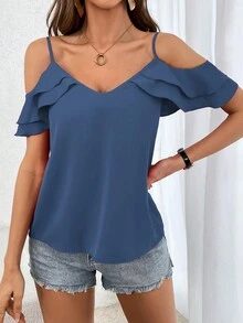 SHEIN LUNE 女士純色荷葉邊衬衫 - 霧霾藍 - 查看 4