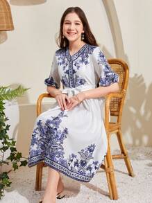 SHEIN Leap Crew 少女編織印花v領休閒連衣裙 - 彩色 - 查看 6