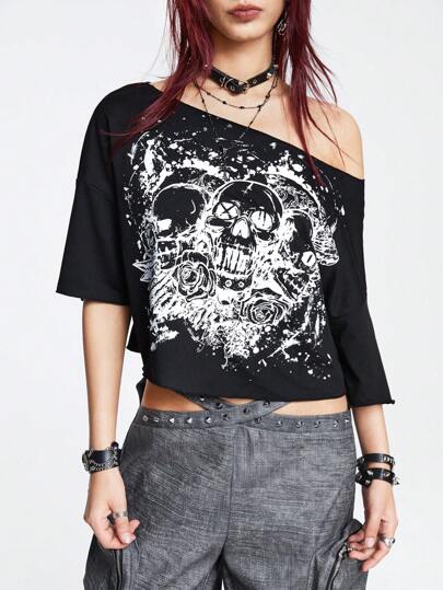 Grunge Punk Off Shoulder T-Shirt mit Totenkopf Grafik