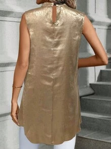 EMERY ROSE Metallic Small Stand Collar Sleeveless Blouse For New Year Holiday Party Clothes