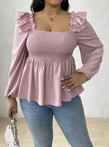 Flirla Blusa con volantes en el bajo para tallas grandes, top con efecto peplum de unicolor - Rosa vieja - Ver 5