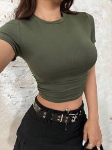 SHEIN EZwear Maglietta Donna A Manica Lunga Verde Aderente In Maglia - Verde militare - Visualizzare 1