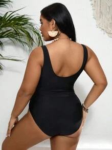 SHEIN Swim Curve 夏季大码女式几何拼接绷带连体泳衣 - 黑色 - 查看 2