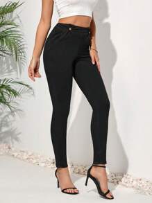 SHEIN LUNE Của phụ nữ Cao eo Quần jean ôm Với Thắt lưng túi giấy Thiết kế - màu đen - Xem 4