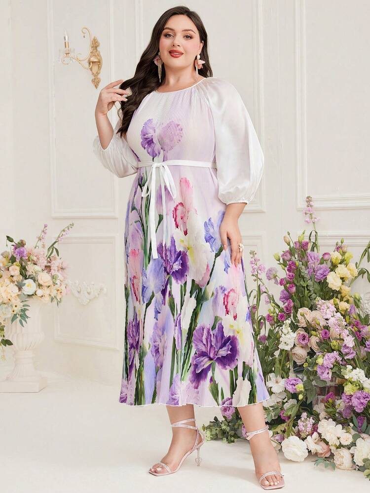 Plus Size Floral Printed Lantern Sleeve Belted Dress Long Evening Dresses
