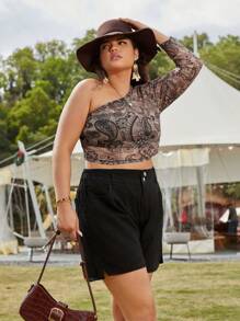 SHEIN Clasi Plus Size Women's One Shoulder Long Sleeve Top With Paisley Printed - Multicolor - View 5