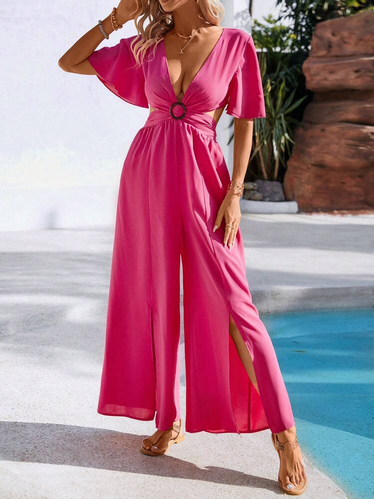 Women's Deep V-Neck Backless Tie Waist High Slit Wide Leg Jumpsuit