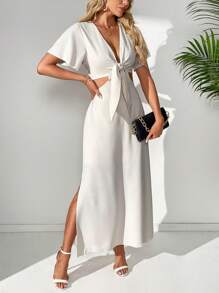 SHEIN Tall Women's Solid Color Button Front Tie Knot Hollow Out Dress - Beige - View 5
