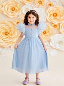 SHEIN Young Girl Gorgeous Cap Sleeve Dress With Ruffle Hem - Blue - View 1