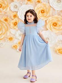 SHEIN Young Girl Gorgeous Cap Sleeve Dress With Ruffle Hem - Blue - View 5