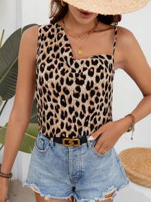 Breezaya 女士豹紋不對稱領领袖無袖上衣 - 咖啡棕 - 查看 4