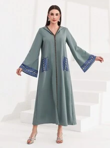 Al Najma Hooded Dress With Patchwork Design And Printed Ribbon Detail, Modest Kaftan