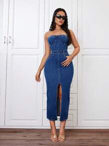 SHEIN ICON 高側面開衩無肩帶修身牛仔裙 - 中等水洗藍 - 查看 6