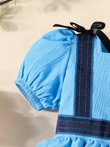 Baby Van een meisje Vintage stijl Korte mouwen Blauw Jurken Met Strik Taille Voor Zomer