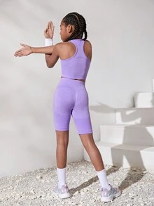 SHEIN 女青少年縫合針織提花賽車背心和短褲套裝 - 彩色 - 查看 6