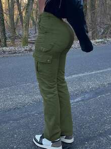GILIPUR Nuevos pantalones cargo de pierna ancha de unicolor para mujer, diseño de cintura elástica, múltiples bolsillos, estilo casual, estilo Y2K, elegante y de moda, adecuado para volver a la escuela, ropa urbana, estilo de los años 2000, atuendos de otoño e invierno, estilo de ropa retro, adecuado para salir, Navidad y Halloween. - Verde militar - Ver 6