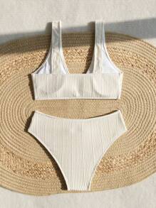 SHEIN Swim Summer Women's Plain Textured Bikini Set