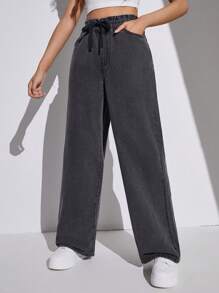 Cô Gái Tuổi Teen Dây Rút Cao Cấp Nghiêng Túi Dáng Rộng Mùa Hè Quần Jean Ống Rộng Quần Denim Màu Xám Giặt Quần Jean Baggy - màu đen - Xem 4