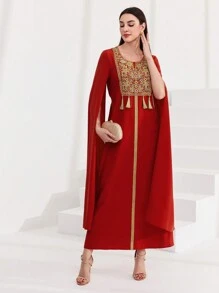 Al Najma Vestido Árabe de manga capa con encaje de contraste para mujer - Rojo - Ver 6
