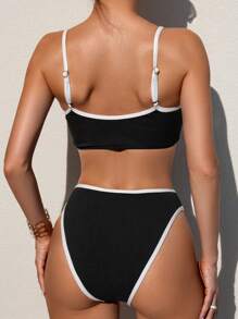 SHEIN Swim Bộ Bikini Thể Thao Màu Sắc Tương Phản Ràng Buộc Màu Sắc Tương Phản Bãi Biển Mùa Hè - Đen và trắng - Xem 2