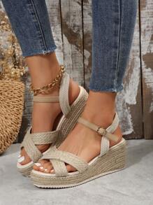 女性米色交錯編織涼鞋,時尚百搭適合戶外穿著 - 米色 - 查看 1