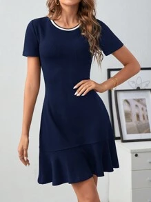 SHEIN Frenchy 女士圓領休閒荷葉邊時尚連衣裙 - 藏蓝色 - 查看 4