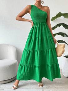 Breezaya Đầm Maxi Không Tay Một Vai Thời Trang Cho Nữ Có Tấm Xếp Ly Đi Biển - màu xanh lá - Xem 6