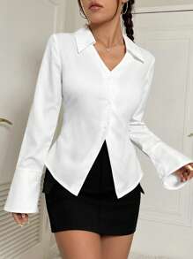 SHEIN Unity Slim Fit White Shirt With V-Neck And Turn-Down Collar,Long Sleeve Tops - White - View 3