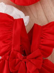 Baby Girl Lace Collar Puff Sleeve Top And Ruffle Hem Dress Set - Red - View 7