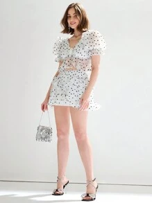 Enchnt 女士高腰波點對比蕾絲分層荷邊迷你裙 - 黑與白 - 查看 4