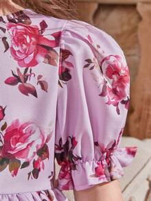 SHEIN Trẻ Cô gái Vòng cổ Ống tay áo Gấp ba Nhiều lớp Đầm Với Hình hoa , Mẹ & Phù hợp ( 2 Riêng biệt ) - Hồng - Xem 7