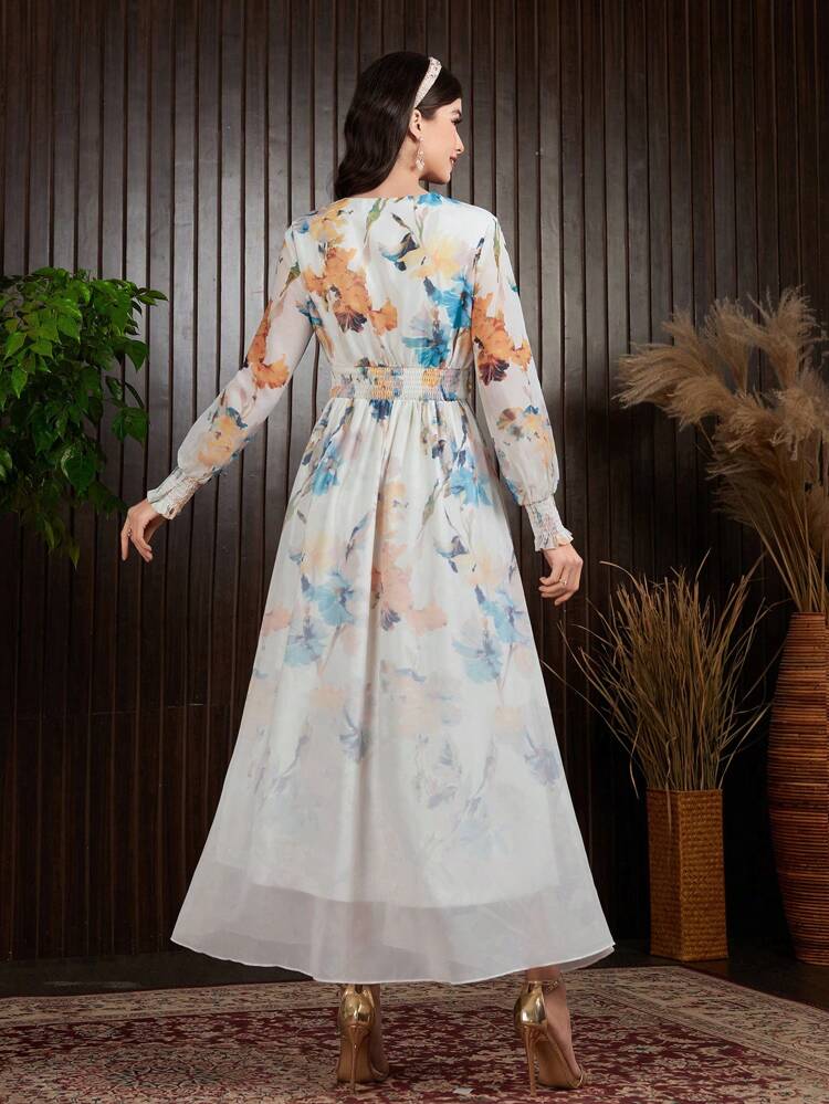 Flower Print Glitter Chain-Strap Belted Dress With Woven Tape Trim Long Evening Dresses