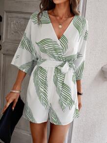 SHEIN LUNE 熱帶圖案交疊領腰帶連身短褲 - 綠色 - 查看 3