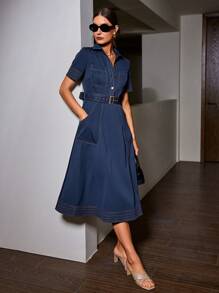 Women's Spring/Summer Denim Effect Collared Colorblock Button Front Pocket Belt Casual Short Sleeve Dress, Retro Style - Blue - View 4