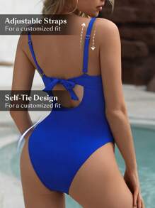 Swim Chiccia Summer Beach Women's Ruched One-Piece Swimsuit With Spaghetti Straps Carnival - Royal Blue - View 2