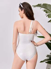 中年女孩的單肩中空無袖連體泳衣 - 白色 - 查看 2